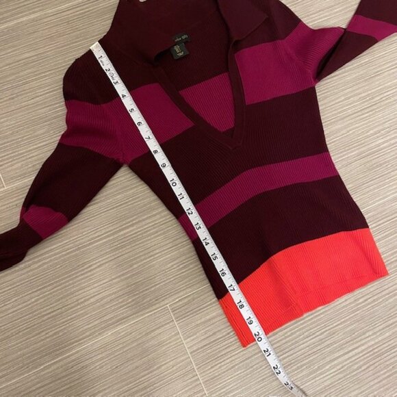 House of Harlow 1960 Ribbed Striped Colorblock Collared V-Neck Sweater Small - Picture 12 of 12